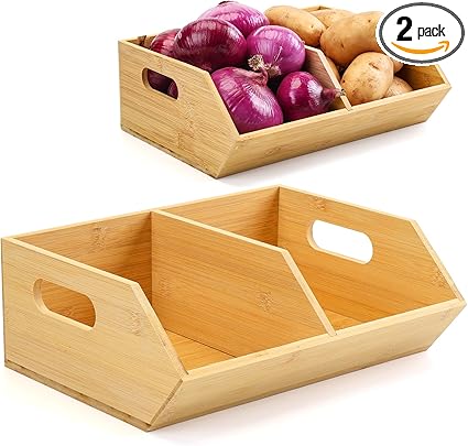 2 Set Bamboo Storage Bins, Pantry Organizers and Storage, Kitchen Countertop Organization and Storage Basket for Produce, Onions, Potatoes, Garlic, Fruits, Vegetable and Bread