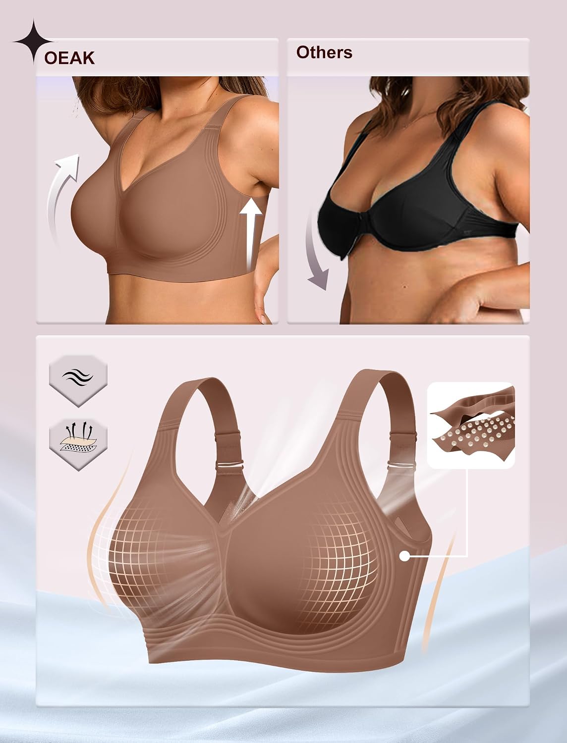 OEAK Womens Wireless Jelly Bra Plus Size Supportive Seamless Bras Full Coverage Push Up Comfortable No Underwire Tshirt Bras ( Size L )