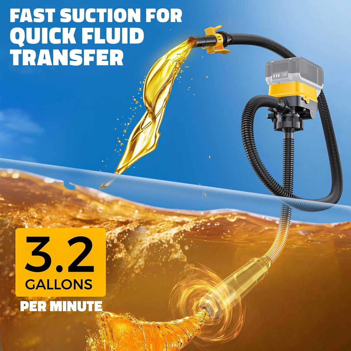 DIYtoolifz Cordless Fuel Transfer Pump with Auto-Stop, 3.2 GPM Flow Portable Fuel Pump Compatible with DeWalt 20V & Milwaukee 18V Batteries, with 41'' Hose, 3 Adapters for Diesel, Gasoline (Bare Tool) (box damaged)