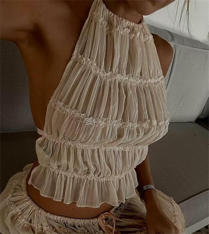 Women Sexy Halter Tops Backless Shirred Smocked Cami Tops Ruched Shirt Y2k Girls Going Out Tops Party Streetwear