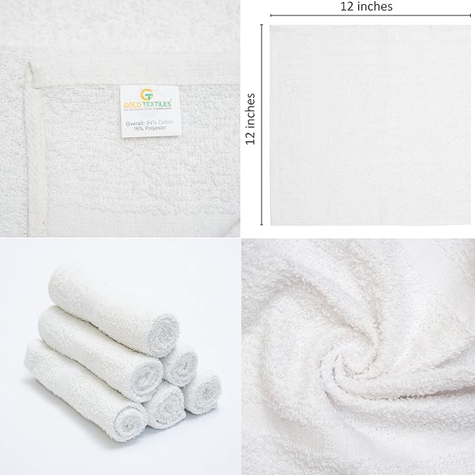 GOLD TEXTILES 60 Pack Economy White Washcloths Set (12x12 inches) - Cotton Blend Commercial Grade Cleaning Rags, Quick Drying  Soft Face Cloths, Fingertip Towels for Bathroom, Spa, Gym, and Kitchen