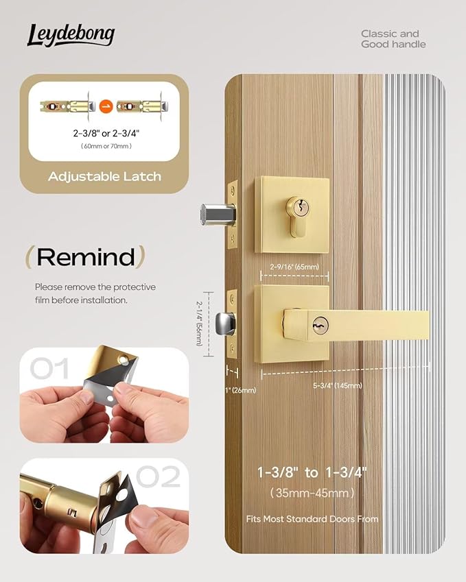 Leydebong 1 Pack Gold Entry Door Locksets with Single Cylinder Deadbolt, Front Door Lock Set, Heavy Duty Entrance Lever Door Handle Single Keyed Square Deadbolt Lock