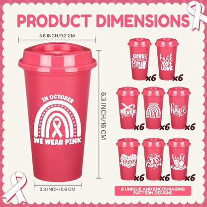 LemonRoad 24 Pcs Breast Cancer Awareness Plastic Tumblers with Lids 16oz Pink Ribbon Coffee Cups for Women Breast Cancer Survivor Gifts Party Event Supplies