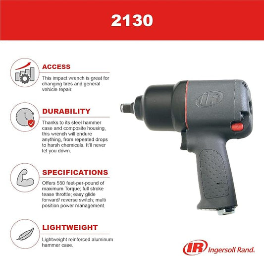 Ingersoll Rand 2130 12" Air Impact Wrench, 650 ft-lbs Max Torque, Heavy Duty, Pistol Grip
