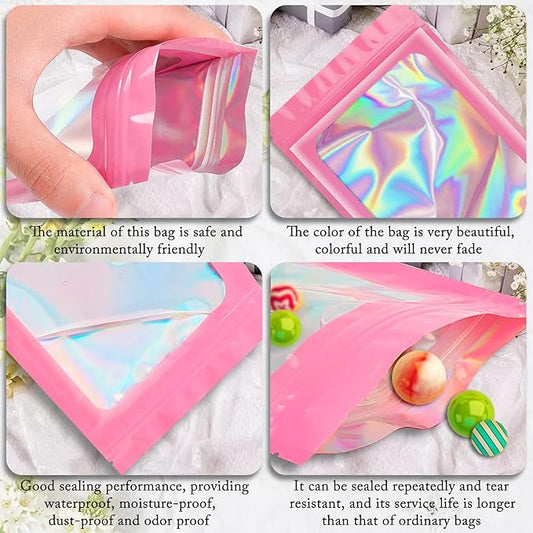100 Pack Holographic Bags, Resealable Bags Packaging Bag with Clear Window Resealable Odor Foil Pouch for Food Storage, LipglossJewelry Lash Packaging(Pink, 2.4 x 3.9 Inch)
