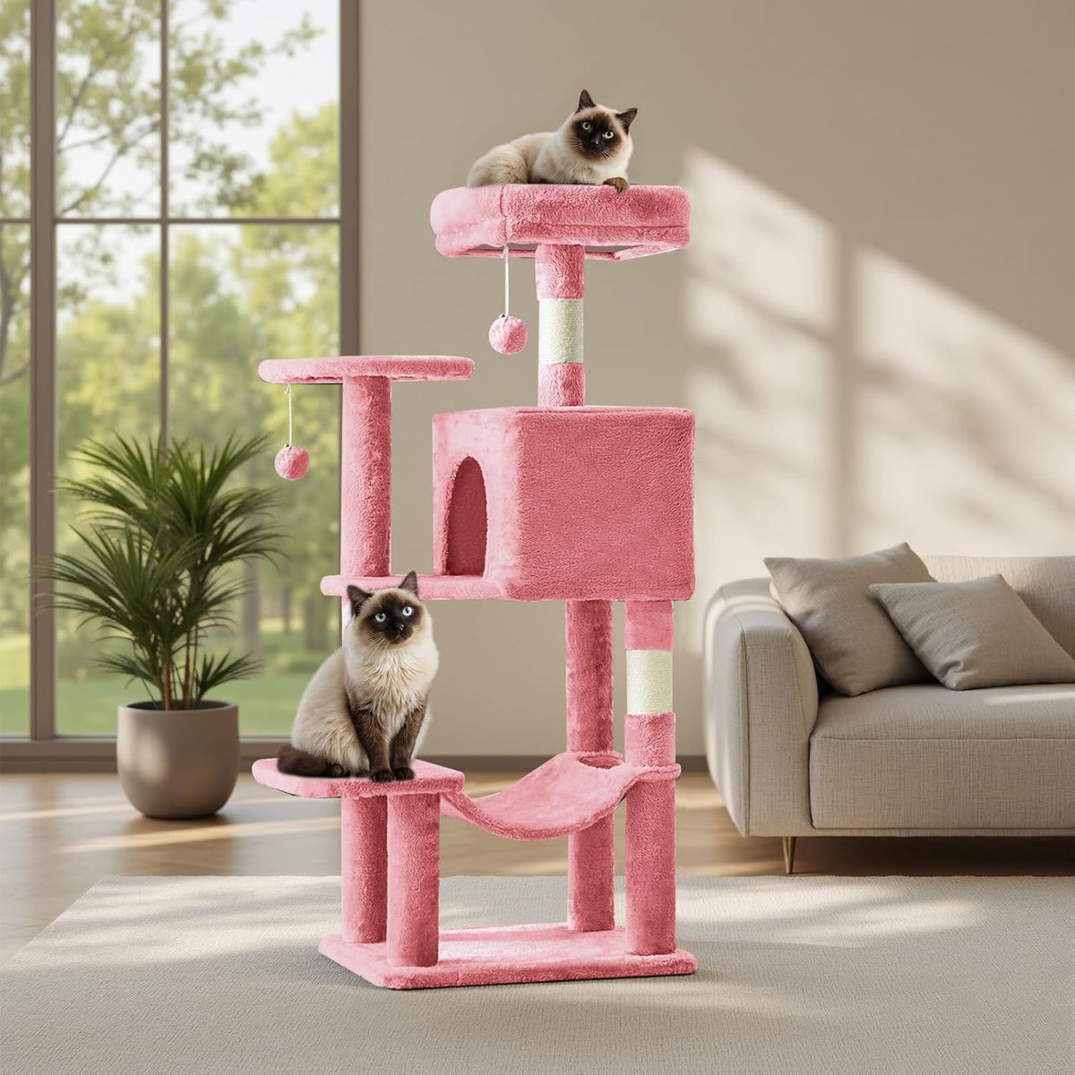 Cat Tree 54 Inch, Multi-Level Cat Tower with Condo, Perches, Sisal Scratching Posts and Climbing Ladder, Pet Play Toy Balls House for Indoor Cats, Pink
