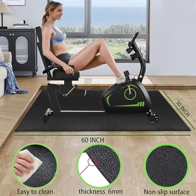 Jakarl Bike Mat Compatible with Treadmill  Elliptical Machine, 6mm Thick, Protects Hardwood Floor  Carpet, Black Trainer Mat for Exercise Equipment (30" x 60")