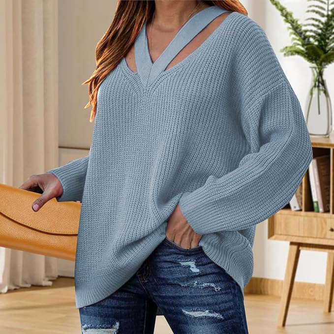 Women's Cut Out V Neck Knit Sweater Jumper Oversized Casual Long Sleeve Fall Pullover Tops