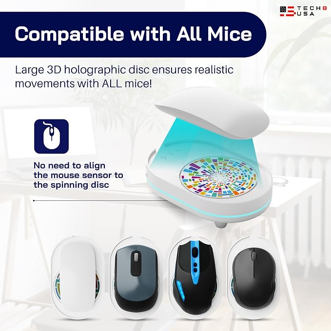 TECH8 USA Undetectable Mouse Mover Jiggler with Ambient Glow Ring and Hologram Disc for Laptops, PC, No Software, Random Movement, Designed, Patented and Trademarked in USA - 3D Hologram Glass