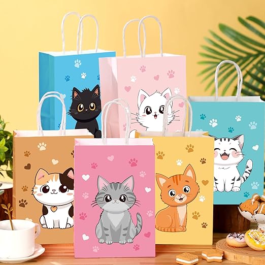 Zhanmai 24 Pcs Cat Goodie Bags Cat Party Favor Kitty Gift Bags with Handles Cat Candy Treat Paper Bags for Kids Cat Birthday Party Decoration Supplies for Pet Adoption