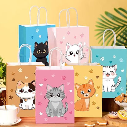 Zhanmai 24 Pcs Cat Goodie Bags Cat Party Favor Kitty Gift Bags with Handles Cat Candy Treat Paper Bags for Kids Cat Birthday Party Decoration Supplies for Pet Adoption