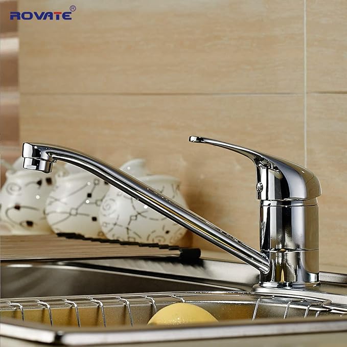 ROVATE Classic Single Handle Kitchen Sink Faucet, Brass 360 Degree Swivel Single Hole Mixer Faucet, Chrome