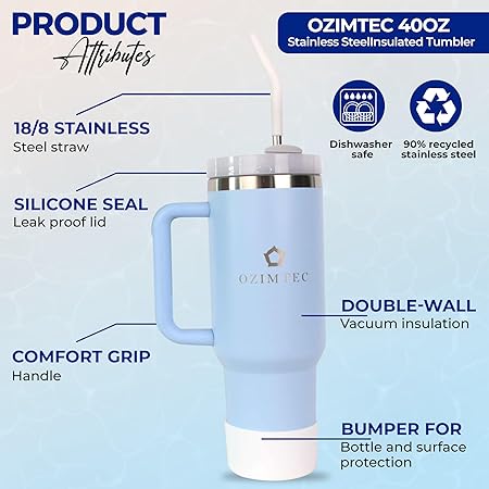 Tumbler 40oz Insulated Stainless Steel Light Blue I Silicone Boot Sleeve I Silicone Straw I Stainless Steel Straw I Cleaning Brush