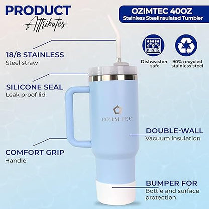 Tumbler 40oz Insulated Stainless Steel Light Blue I Silicone Boot Sleeve I Silicone Straw I Stainless Steel Straw I Cleaning Brush