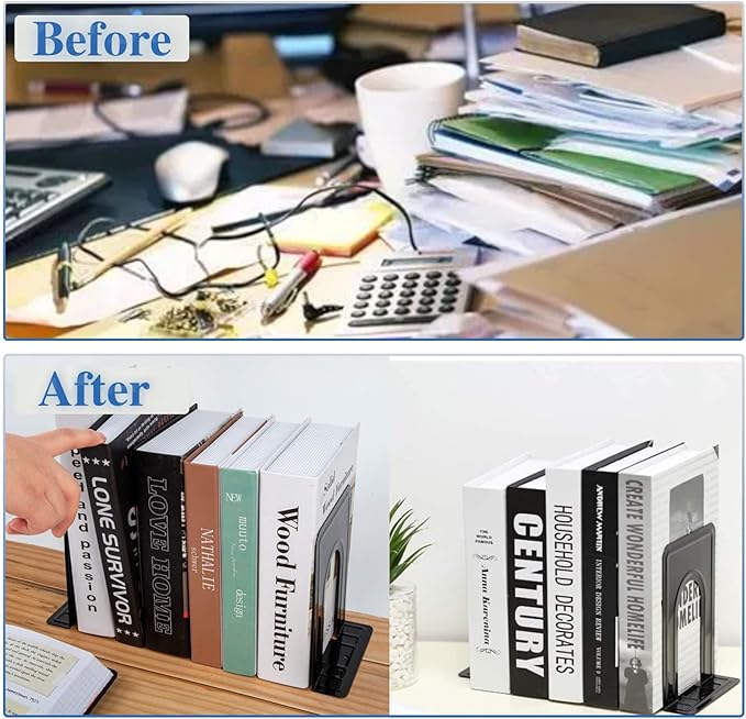 30 Pcs Metal Book Ends for Shelves, Heavy Duty Bookends for Office Home Kitchen Decorative, Nonskid Book Ends to Hold Heavy Books Black 6.5 x 5 x 5.7 in, 15 Pairs
