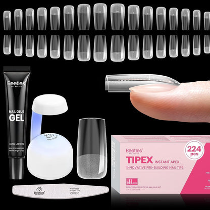 Beetles Tipex Nail Kit, Square Medium Nail Tips 224 Pcs 16 Sizes Pre-Etched Fake Nails with Tipex Nail Glue Mini Nail Lamp - Thick Acrylic Nail Set Pre-Builder Gel Press-on Nails