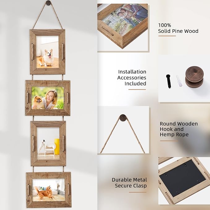 5x7 Picture Frames Rustic Solid Wood Hanging Picture Frames 4 Opening Photo Frame Display 4"x6" Pictures with Mat or 5"x7" Without Mat, 2 Pack Weathered Brown (1 frame missing its acrylic panel)