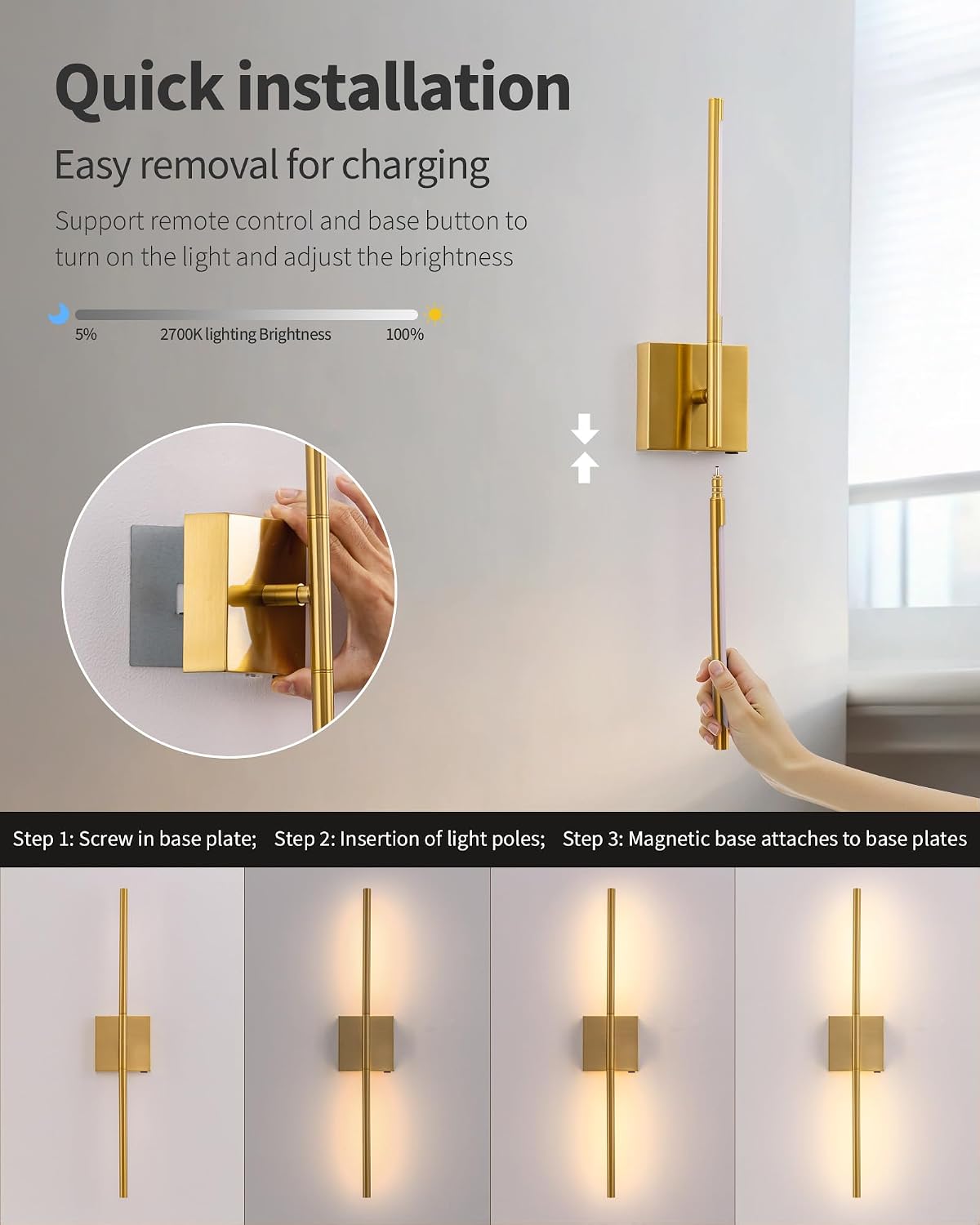 KDG Cordless Wall Sconces Set of 2, Wireless 5200mAh Rechargeable Battery Operated LED Wall Lamps with Remote, 360° Rotate Lightings for Wall Painting, Bedroom, Hallway, Night Light 23.6 inch (Nickel