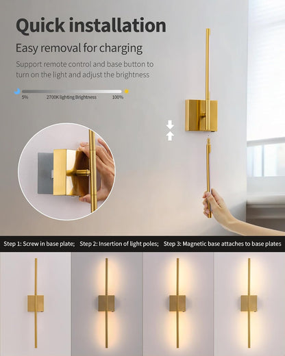KDG Cordless Wall Sconces Set of 2, Wireless 5200mAh Rechargeable Battery Operated LED Wall Lamps with Remote, 360° Rotate Lightings for Wall Painting, Bedroom, Hallway, Night Light 23.6 inch (Nickel