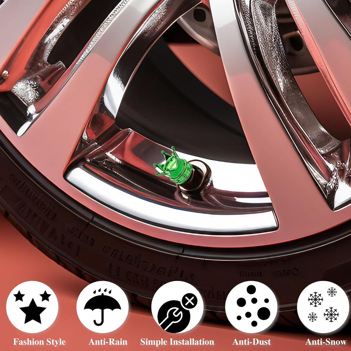 4PCS Crown Tire Valve Stem Caps, with O Rubber Ring, Tire Air Valve Cap Plastic with Brass Core, Universal Cars, SUV, Trucks, Bikes, Motorcycles, Bicycles (Green)