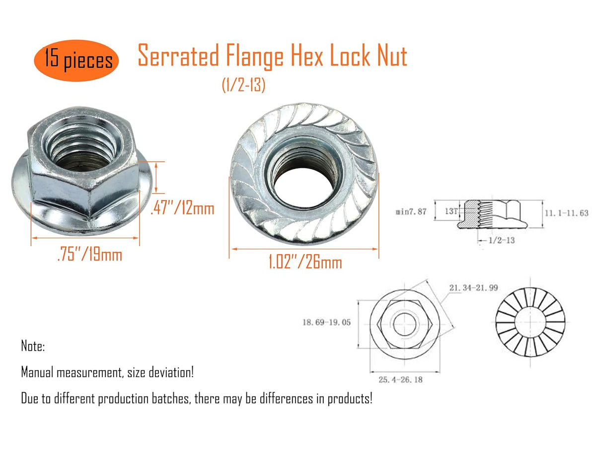 LBY 15pcs Hex Flange Nut, 1/2-13 Thread Serrated Flange Hex Lock Nuts, Carbon Steel, Galvanized, Silver