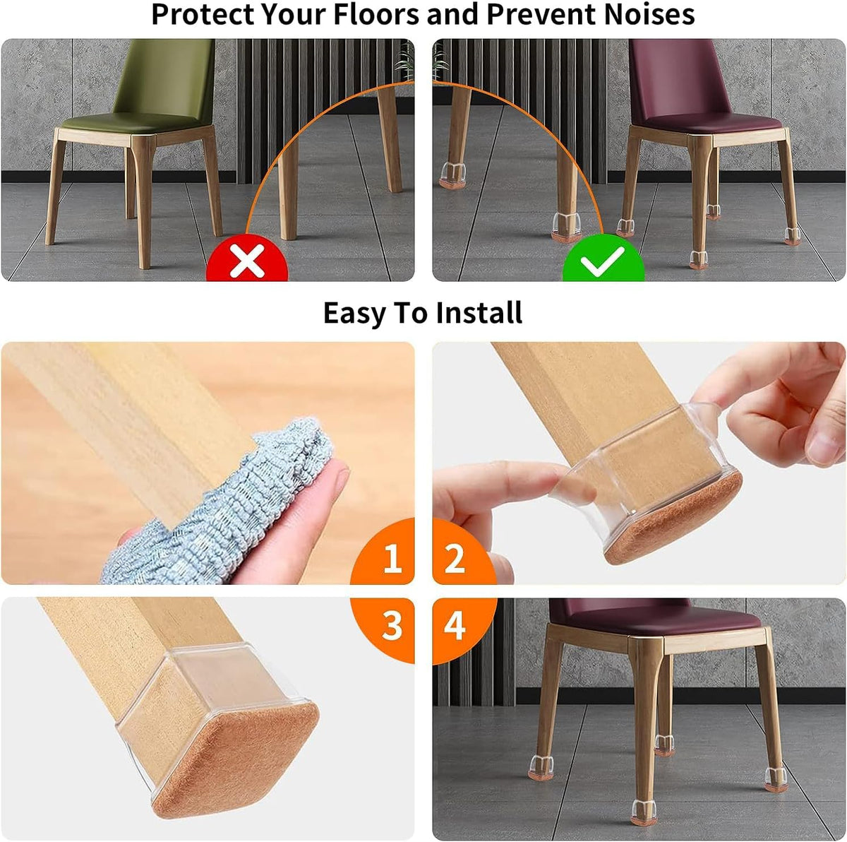 23 Pcs 2inch Square Clear Chair Leg Floor Protectors, Silicone Felt Furniture Pads Caps for Hardwood Floor, Dining Table Bar Stool Leg Protectors Leg Cups Covers (Fit: 1.38''-1.77")