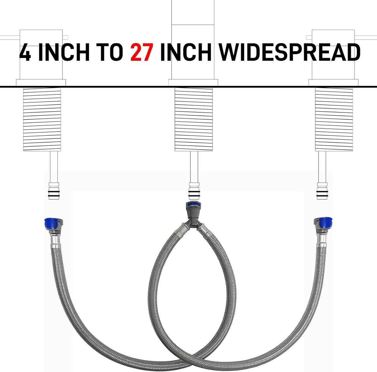 Quick Connect Faucet Water Supply Lines Extension, 20 Inch, Widespread Bathroom Sink Faucets Replacement Fast Lock Pipe Hose, V-Shape, Braided Stainless Steel