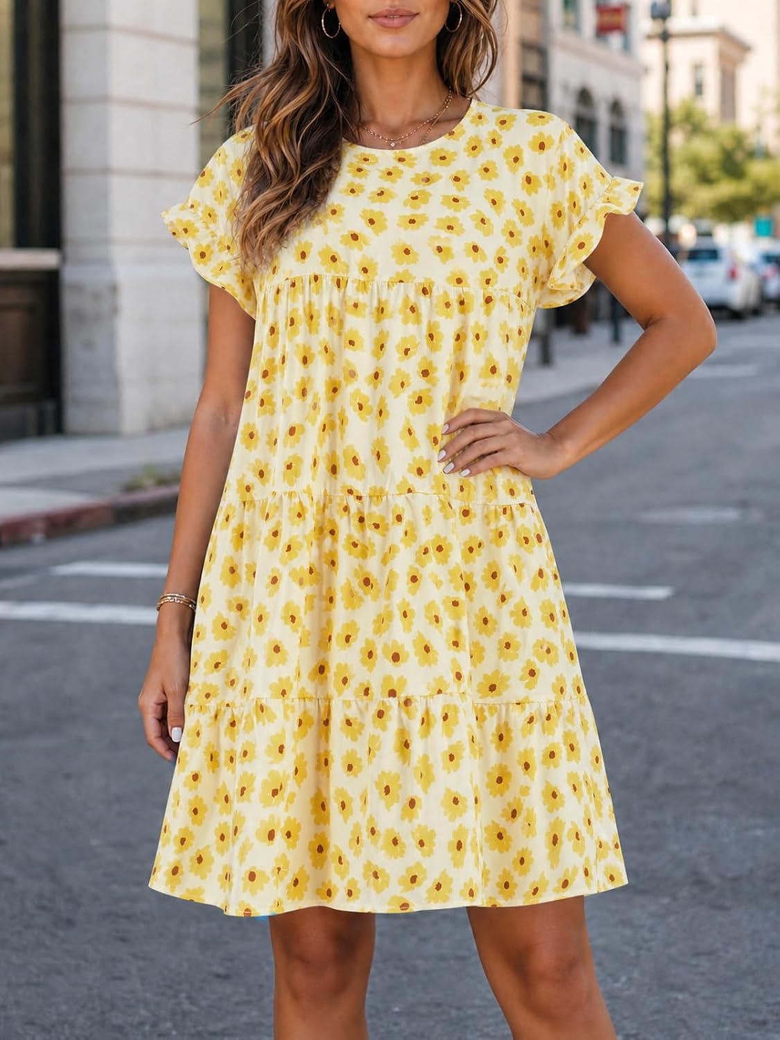 Womens Boho Floral Ruffle Sleeve Babydoll Loose Flowy Casual Summer Pleated Mini Dress