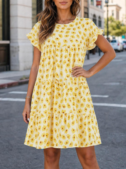 Womens Boho Floral Ruffle Sleeve Babydoll Loose Flowy Casual Summer Pleated Mini Dress