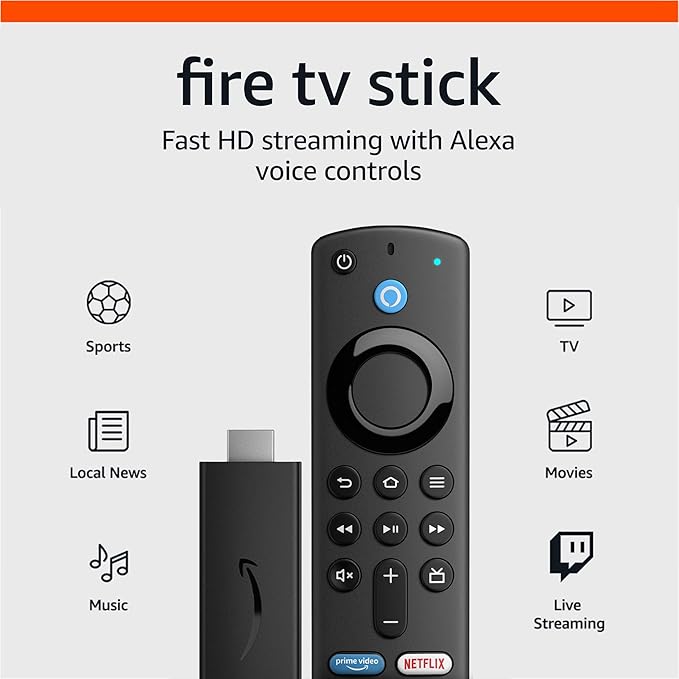 Fire TV Stick, sharp picture quality, fast streaming, free  live TV, Alexa Voice Remote with TV controls