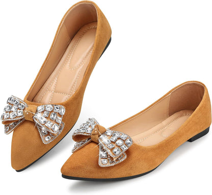 KUNWFNIX Women's Pointed Toe Pearl Flats, Faux Suede Comfort Dress Flats for Wedding Guest, Non-Slip Soft Sole Office Flats for Work, Party, Date .
