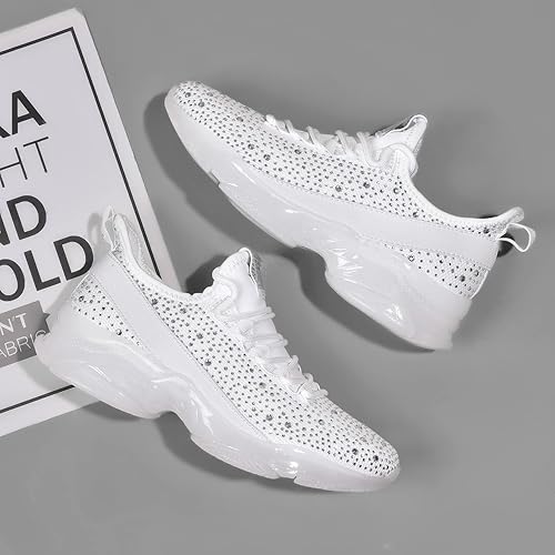 BELOS Women's Rhinestone Mesh Slip On Walking Shoes Fashion Breathable Spakle Glitter Sneaker