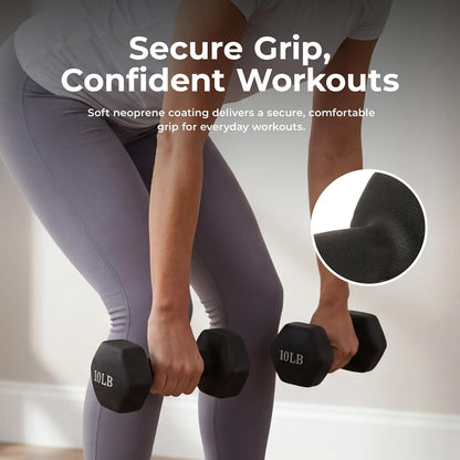 Sunny Health & Fitness Neoprene Coated Hex Shaped Dumbbell Non-Slip Fitness Weights for Home Gym Exercise, Full Body Workout Strength Building, Weight Loss, Sold in Pairs - Sizes - 2LB, 5LB, 8LB, 10LB