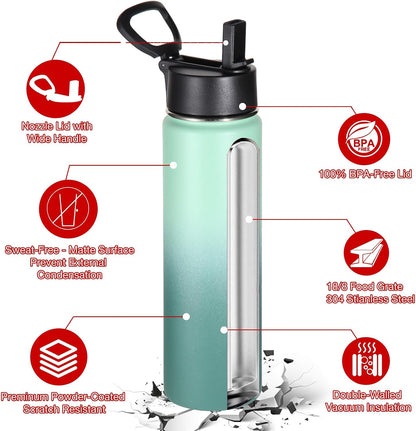 24 Ounce Insulated Water Bottle With Straw Lid,Stainless Steel Wide Mouth Sport Bottles With Handle,Double Wall Vacuum Cups keep Cold,Reusable Travel Thermal Cups For Holder,Gym(Mojito,1)