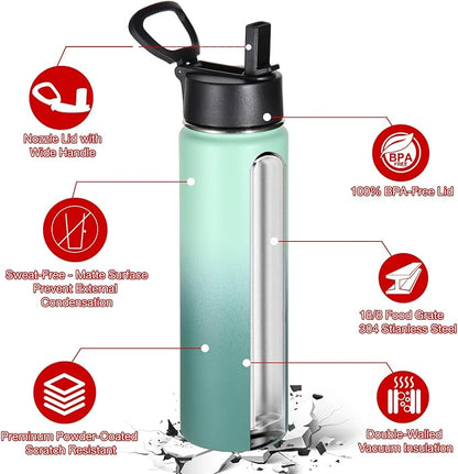 Volhoply 24 Ounce Insulated Water Bottle With Straw Lid,Stainless Steel Wide Mouth Sport Bottles With Handle,Double Wall Vacuum Cups keep Cold,Reusable Travel Thermal Cups For Holder,Gym(Mojito,1)