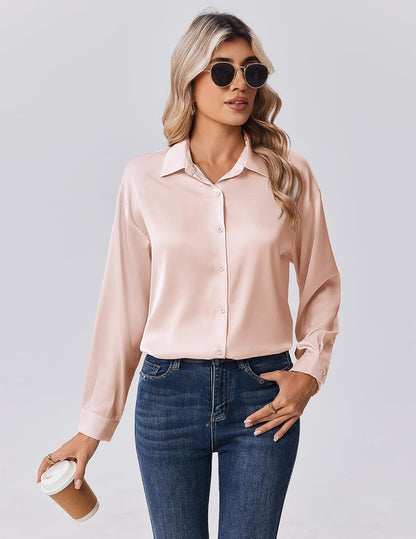 Zeagoo Womens Tops Long Sleeve Satin Silk Button Down Shirts Casual Business Dressy Blouses Fall Clothes .