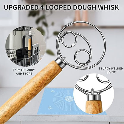 Danish Dough Whisk Stainless Steel Dough Hook Dutch Whisk for Sourdough Bread Dough Mixer Hand Wooden Handle Kitchen Whisking Mixing Tool Bread Making Tools and Supplies