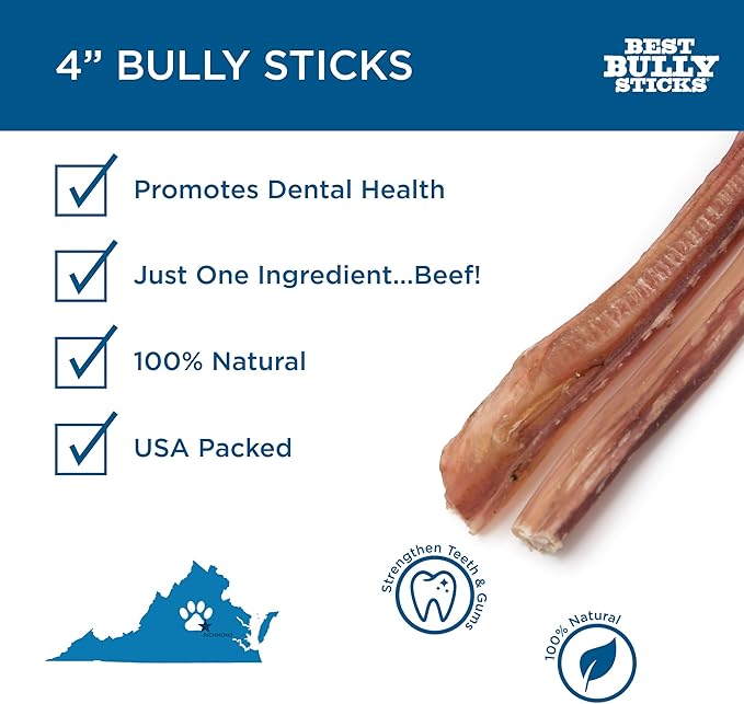 Best Bully Sticks 4 Inch Bully Sticks - 8 oz (Pack of 1) - 100 Natural Grass-Fed, Grain and Rawhide Free, Ideal for Small or Young Canines