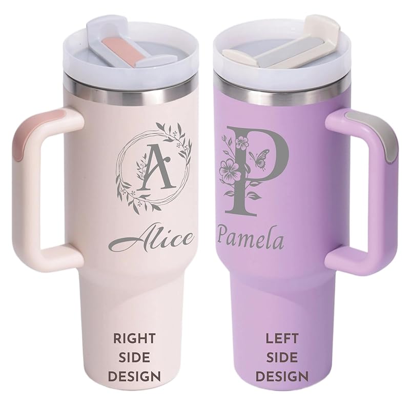 Personalized 40 oz Tumbler With Engraved Name, Custom Monogrammed Initial Thermos With Handle, Customized Birthday Gift Cup For Women, Bridesmaid Coffee Mug With Straw