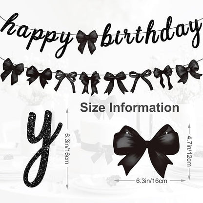 Black Bow Happy Birthday Banner Garland and Hanging Swirls for Girl Black Bow Coquette Birthday Party Decorations