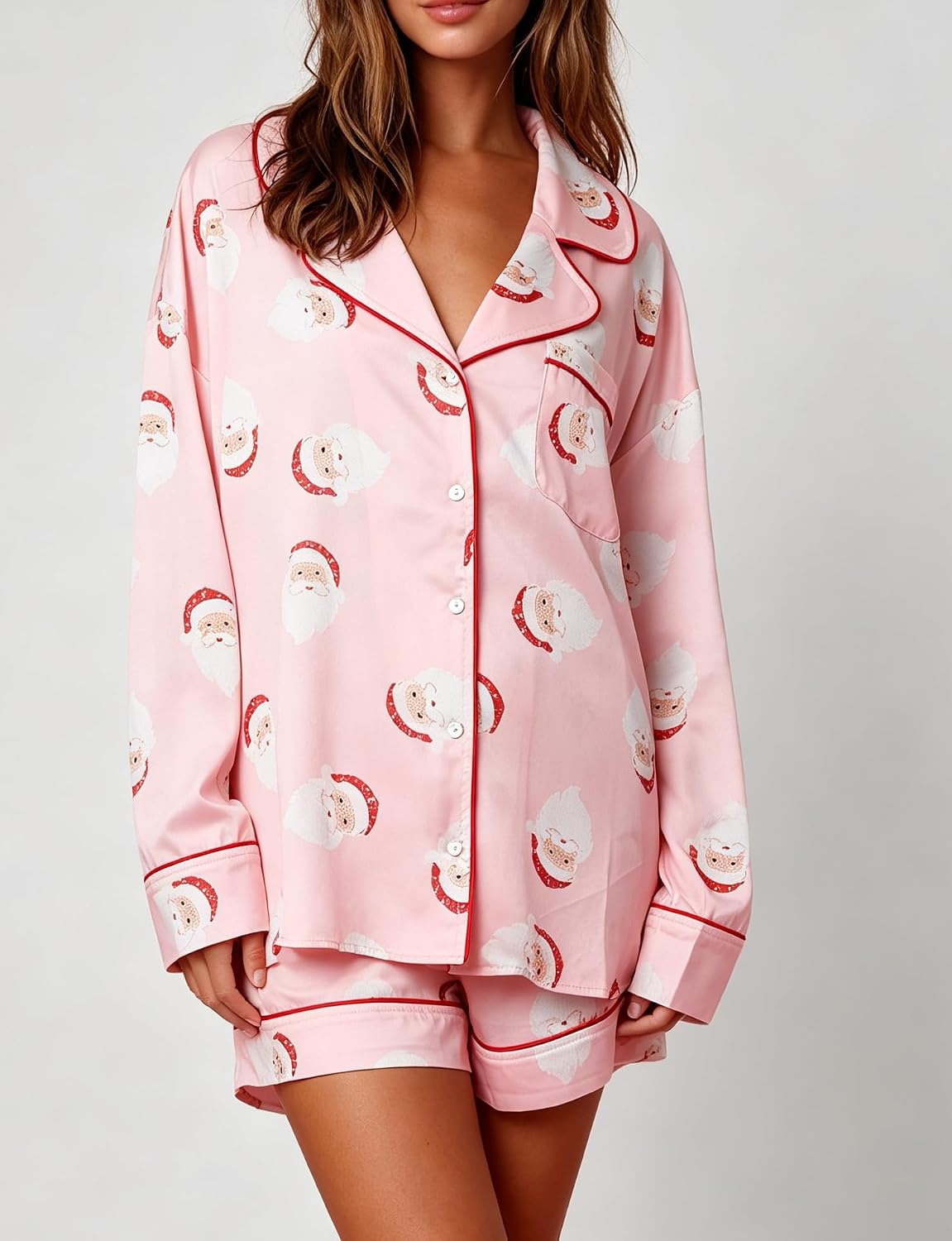 Women Christmas Pajamas Shorts Set Santa Claus Pjs Long Sleeve Button Down Shirt+Pants 2 Piece Xmas Jammies Loungewear