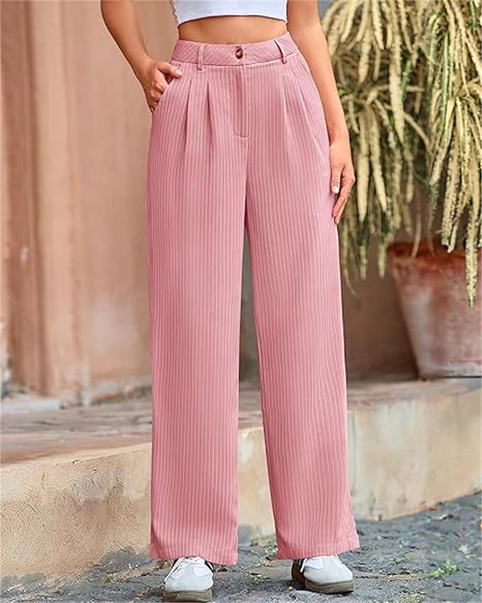 Women Wide Leg Dress Pants Striped Wide Leg Pants High Waisted Loose Fit Business Casual Work Trousers with Pockets