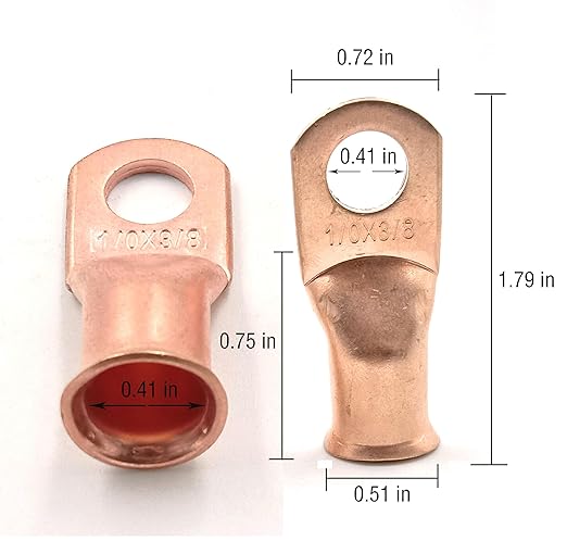Cable Ends 10pcs 10 AWG-38- Battery Lugs, Heavy Duty Wire Lugs, Ring Terminals,4 Guage Terminals, UL Bare Copper Eyelets Electrical Battery Terminal Connectors