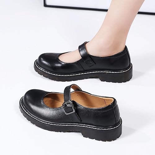 XMM Mary Jane Shoes Women Oxford Shoes Leather Round Toe Flats Non-Slip Ankle Buckle Strap Comfort Casual Dressy Cosplay Party School Work Shoes - Yellow Trim
