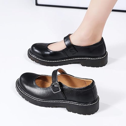 XMM Mary Jane Shoes Women Oxford Shoes Leather Round Toe Flats Non-Slip Ankle Buckle Strap Comfort Casual Dressy Cosplay Party School Work Shoes - Yellow Trim