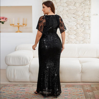 Cololura Women Sequin Plus Size Mesh Perspective Short Sleeve Party Cocktail Bodycon Evening Maxi Dress.