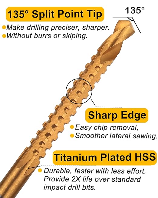 Rocaris 6 Pack Titanium Coated HSS Twist Drill Bits, 3-8mm Serrated Side Cutting Drill Bit Woodworking Tools for Plastic Metal Wood Hole