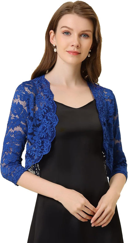 Allegra K Women's Elegant 3/4 Sleeve Sheer Floral Lace Shrug Top.