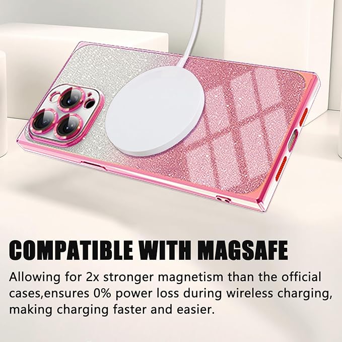 Misscase for iPhone 15 Pro Max Magnetic Case Compatible with MagSafe,Full Protection Glitter Case with Camera Lens Protector Anti-Scratch Dust-Proof Net Case Cover for iPhone 15 Pro Max Pink