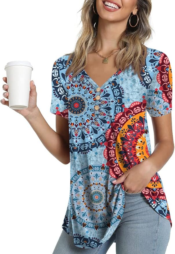 AWULIFFAN Womens Summer Short Sleeve Tunic Tops Loose Fit Casual T-Shirt Button Up Blouses